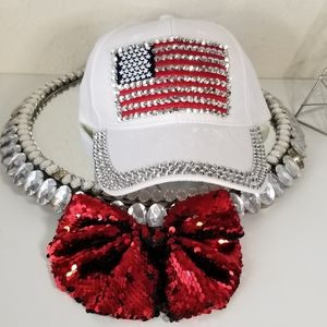 Women's Patriotic Rhinestone Flag White Cap New